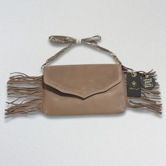 Moda Luxe “Natural Solstice” Taupe Suede & Faux-Leather Fringe Crossbody Bag NWT - Picture 2 of 7